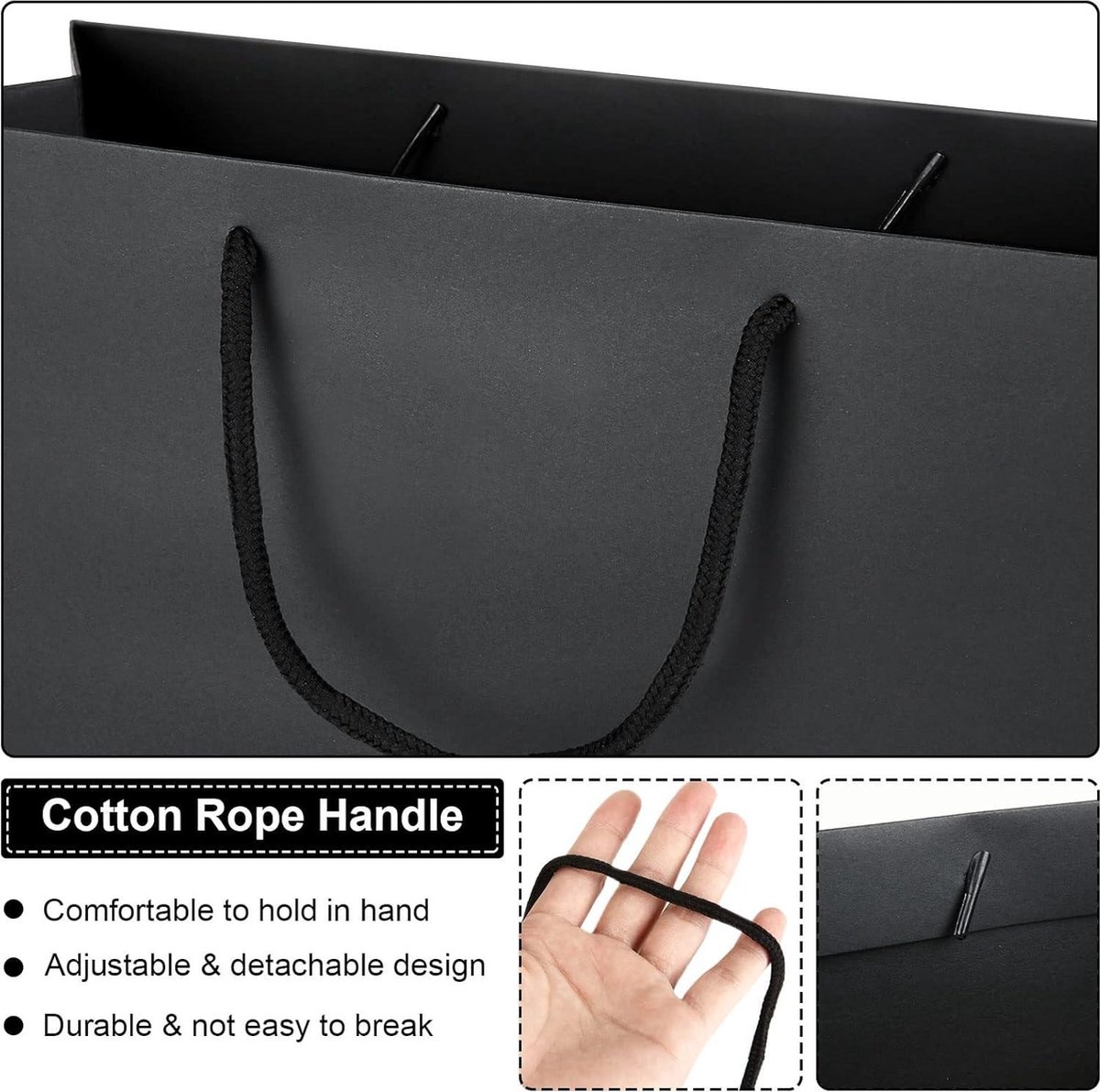 20 Sacs Cadeaux En Papier Kraft Noir 250g/m² - Format Moyen 27x8x21cm, Poignées En Tissu, Pour Mariage, Anniversaire
