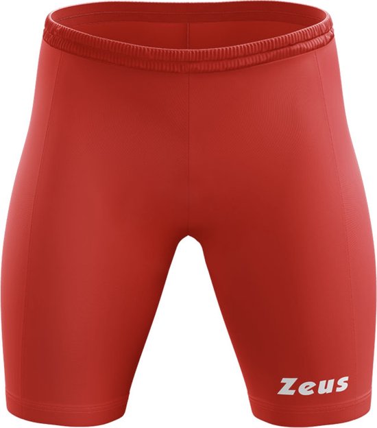 Rode thermoshort van Zeus met wit geborduurd logo op de zoom, elastische tailleband.