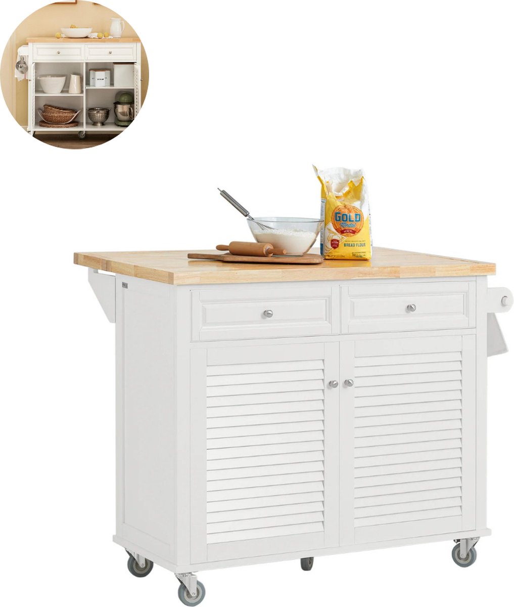 Keukeneiland - Verplaatsbaar - Keukenkast - Dressoir - Organizer - Kasten - Houten Werkblad - 2 Deuren - Wit