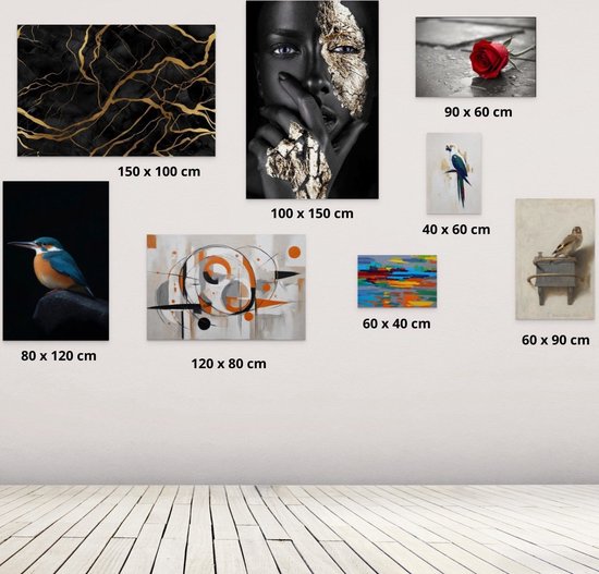 Een collage van diverse schilderijen: zwart met gouden marmer, een gezicht met gouden verf, een rode roos, een exotische vogel, een abstract schilderij, een ijsvogel en een stillevenschilderij.