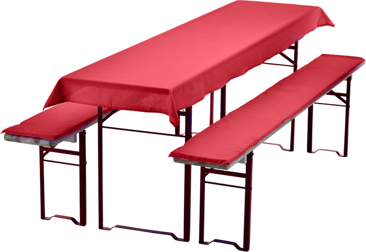 Bierbankkussens Set 240x70 cm Rood - 1x Tafellaken voor 220x50 cm tafels & 2x Gevoerde kussens voor 220x25 cm banken
