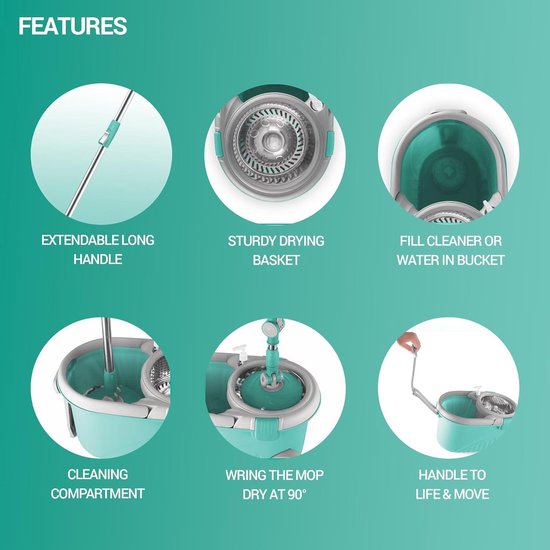 Spin Mop en emmer met wringer set, 360° draaiende dweil emmer systeem met 3 microvezel dweil vervangende koppen en 61 roestvrij staal verstelbare handgreep voor vloerreiniging (20QT