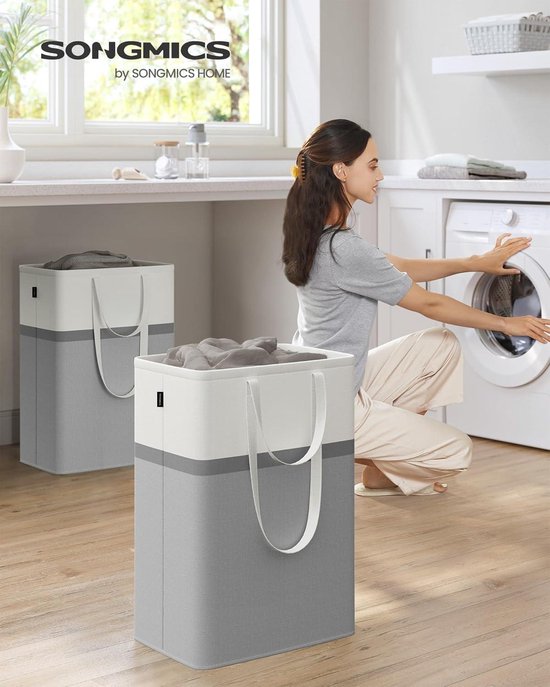 Wasmand, 75 liter, grijs-wit, opvouwbaar, met 2 opbergzakken met ritssluiting, waszak met handvat, grote wasverzamelaar, opvouwbare wasmanden voor slaapkamer, badkamer, kinderkamer, studentenwoning