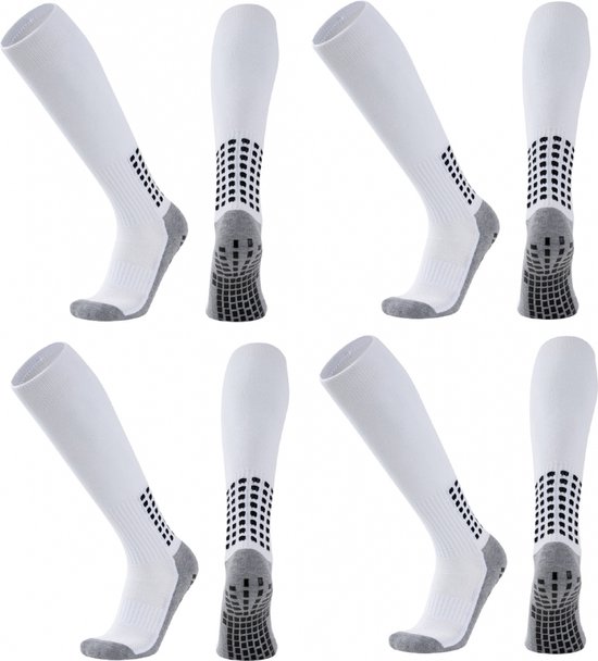 Vier paar witte kniehoge sportsokken met grijze hiel/teen en zwarte anti-slip noppen.