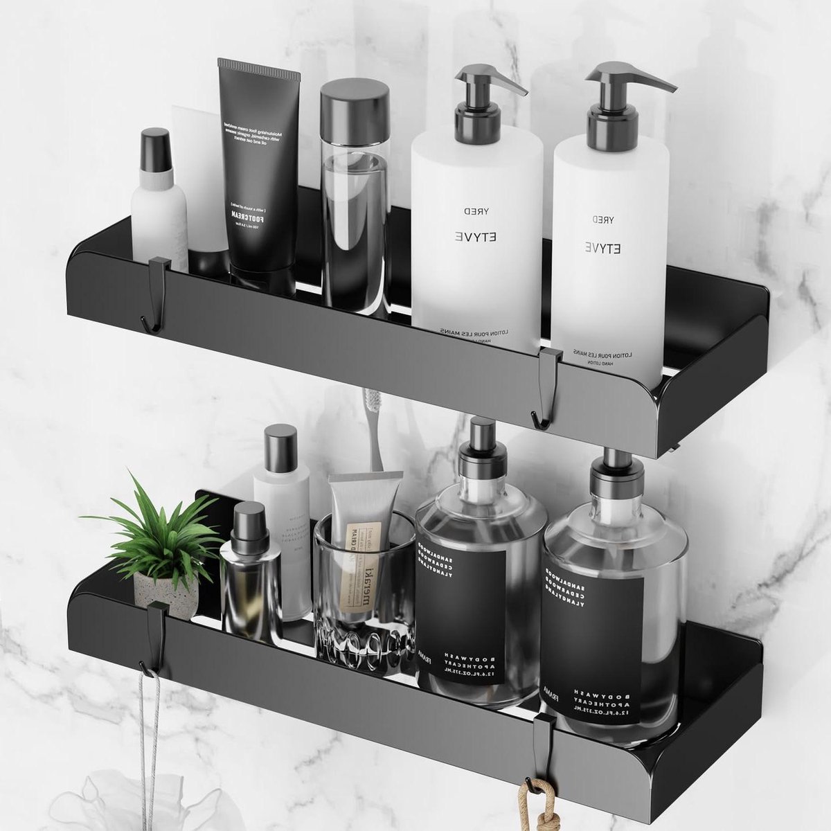 Douchemand plank 2 stuks zonder boren metaal zwart badkamer en keuken opbergrek