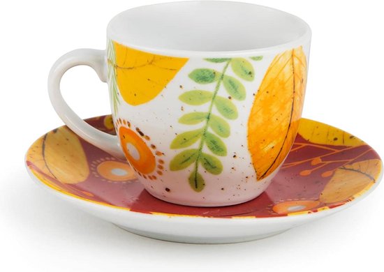 Set de 6 tasses à café avec soucoupes en porcelaine - Ensemble de 6 tasses à café sur le Thema des feuilles d'automne
