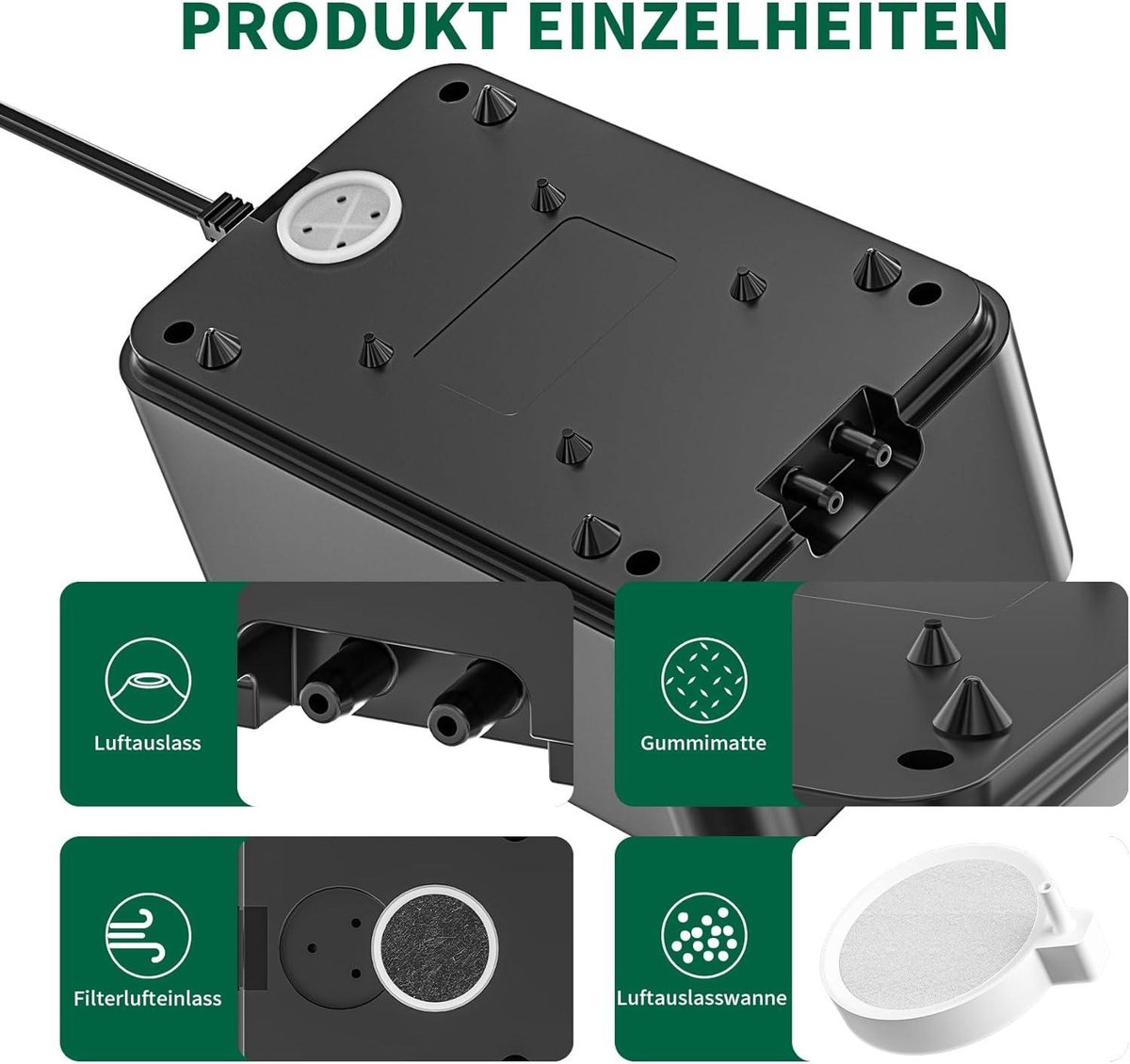 Aquarium luchtpomp met 4800 mAh accu, dubbele output (5 l/min), 6-traps instelbare luchtstroom, ultra stille USB voor aquarium, tuinvijver, vissen, onderbrekingen van