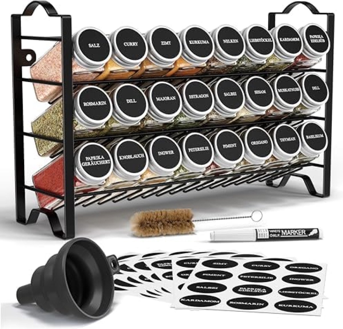 Kruidenrek Met Kruidenpotjes, 3-Laags Metalen Kruiden Organizer, Keuken Sorteerset Met 24 Kruidenpotjes, 48 Etiketten, Borstel, Trechter, Haken, Vrijstaand of Aan de Muur te Maken