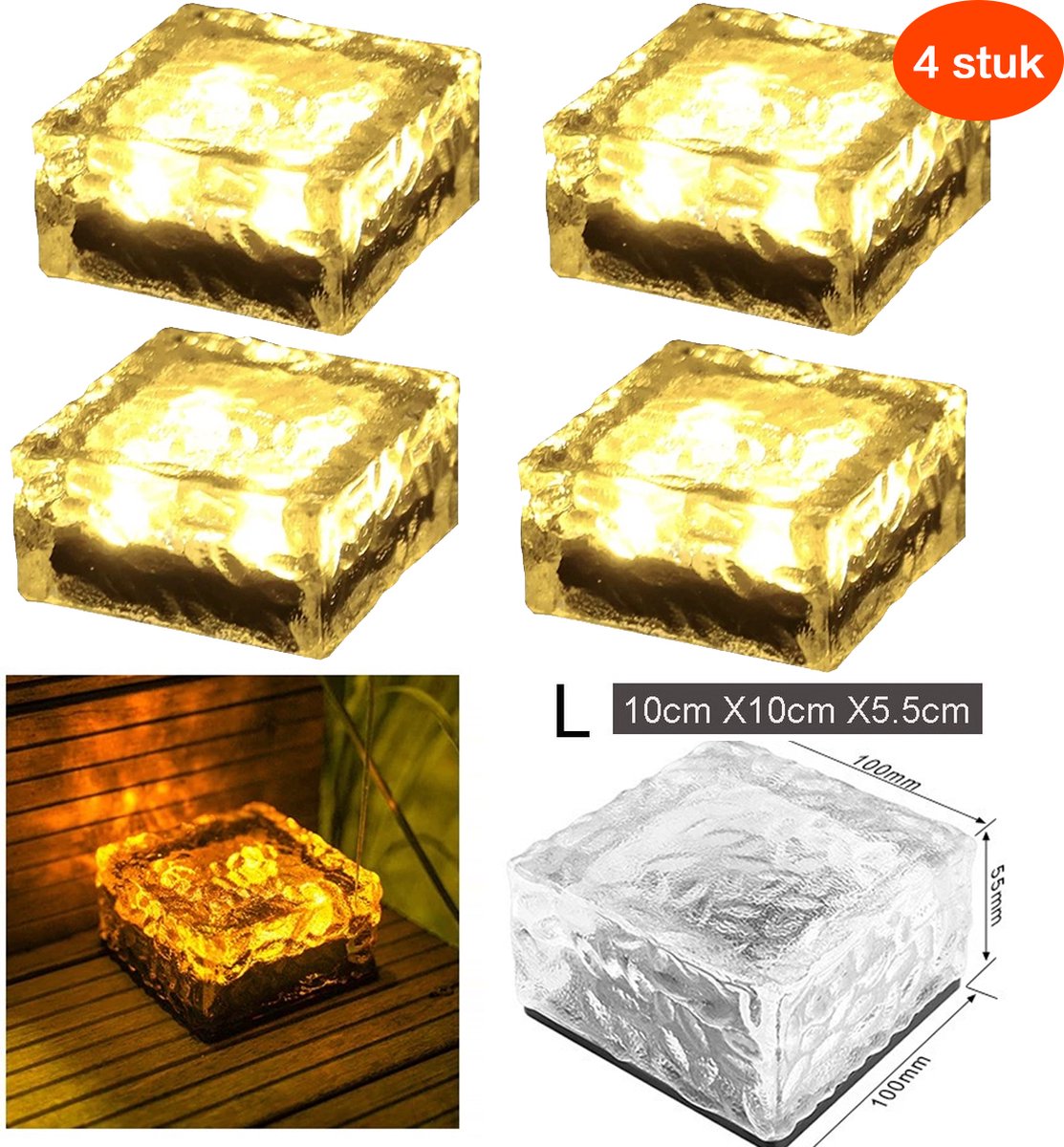 Solar Grondspot(4 stuk Maat L )-Solar Ice Cube LED- -Solar Tuinverlichting-Tuinverlichting op zonne energie10cm*10cm*5.5cm-Licht-solar Tuinverlichting op zonne-energie-warmlicht Brick light IP68