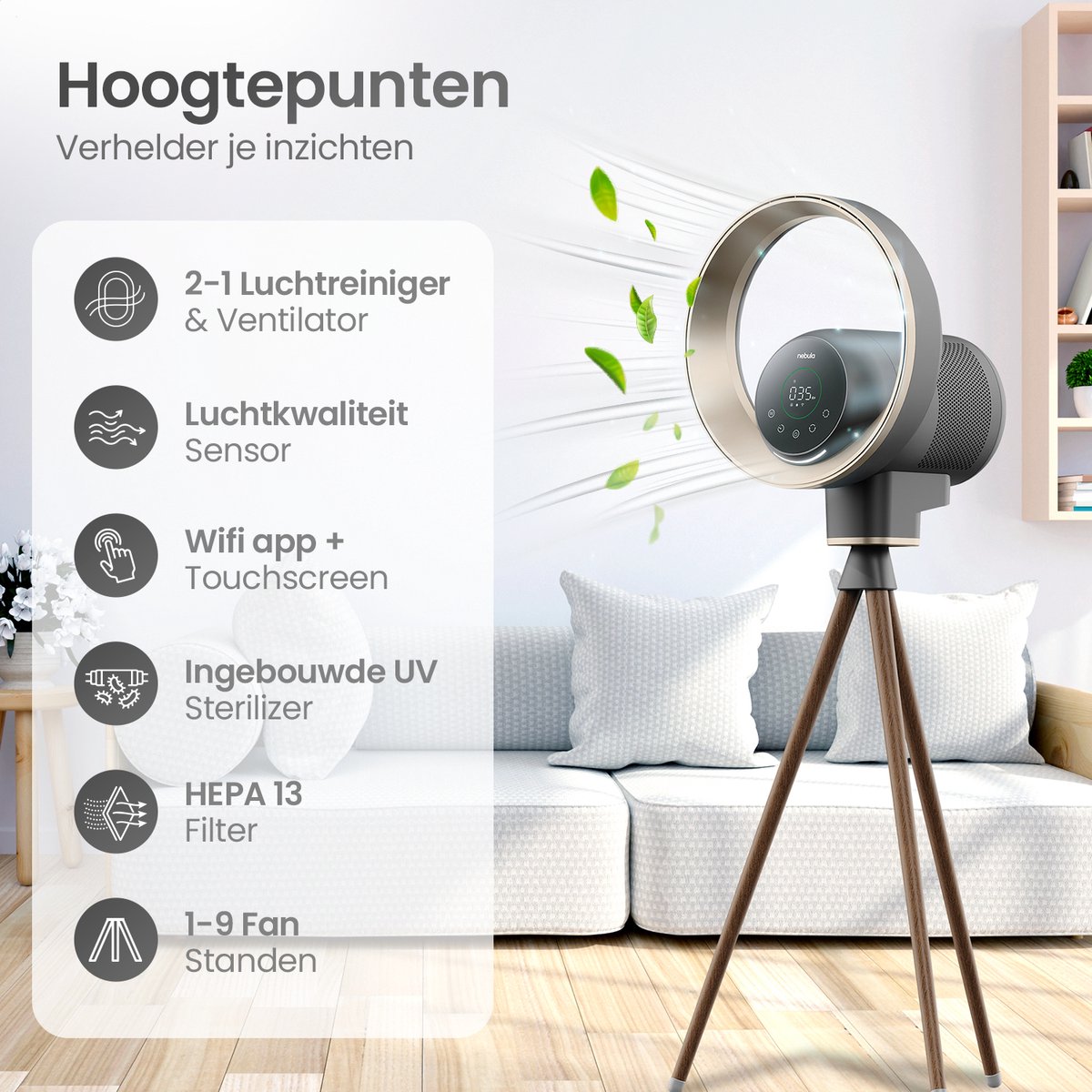 Komodo Nebula - 2in1 Luchtreiniger & Ventilator - Air Purifier met vervangbare HEPA 13 filter - Met app - Ruimtes tot 50m2 - Space Grey - CADR: 300m3/h — afbeelding 2