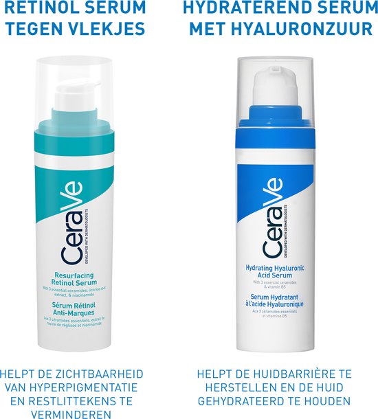 CeraVe Resurfacing Retinol Serum en CeraVe Hydrating Hyaluronic Acid Serum pompflacons. Helpt tegen hyperpigmentatie en restlittekens, en hydrateert de huid.
