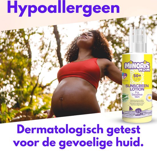 Minoris MOM Zonnebrandlotion SPF 50+ | Biologisch, Natuurlijk & Minerale Inhoud | Zonnebescherming voor Gevoelige Huid, Primer Geschikt, Hypoallergeen, Vegan, Rifvriendelijk, Waterbestendig, Dermatologisch Getest - 150 ml