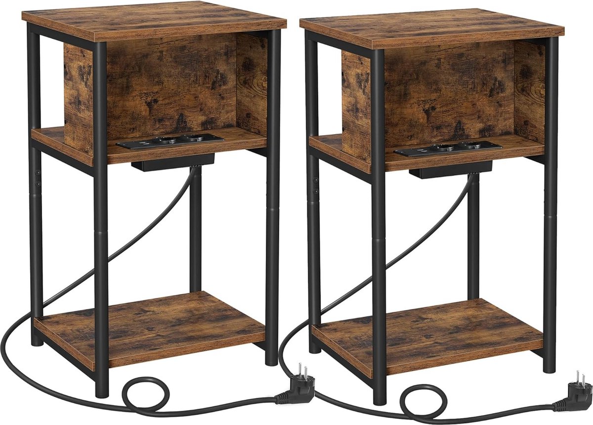 FurnStar - Bijzettafel - Set van 2 - Nachtkastje met stopcontact - Klein - 2 AC-aansluitingen - 2 USB-poorten - 30 x 34 x 58 cm - Voor woonkamer - Slaapkamer - Vintage bruin-Zwart
