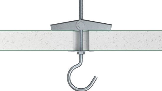 Gegalvaniseerde tuimelplug met haak, gemonteerd in een plafond met een schroef en moer.
