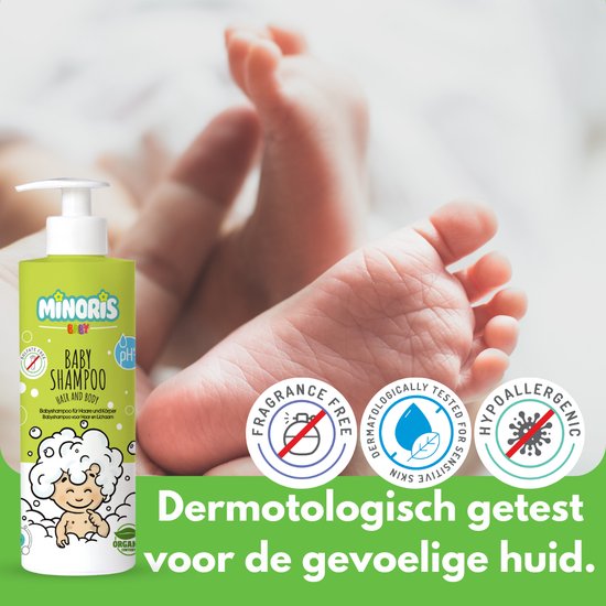 Minoris Baby Haar- en Lichaamsshampoo | Biologische & Natuurlijke Inhoud, Prikvrij, Ultra-Zacht, Dermatologisch Getest, Vrij van Sulfaten & Parabenen, Vegan, pH 5.5, Behandeling van Berg bij Pasgeborenen, 400 ml