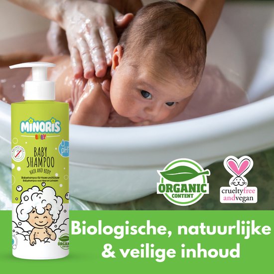 Minoris Baby Haar- en Lichaamsshampoo | Biologische & Natuurlijke Inhoud, Prikvrij, Ultra-Zacht, Dermatologisch Getest, Vrij van Sulfaten & Parabenen, Vegan, pH 5.5, Behandeling van Berg bij Pasgeborenen, 400 ml