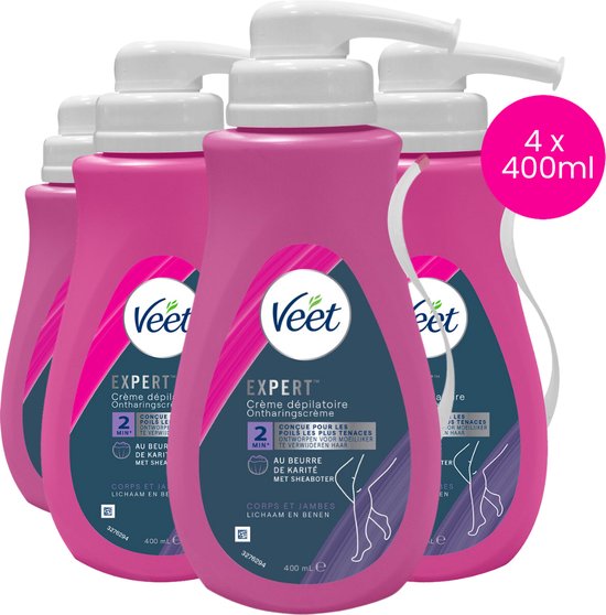 Vier flessen roze Veet Expert ontharingscrème met witte pompjes.