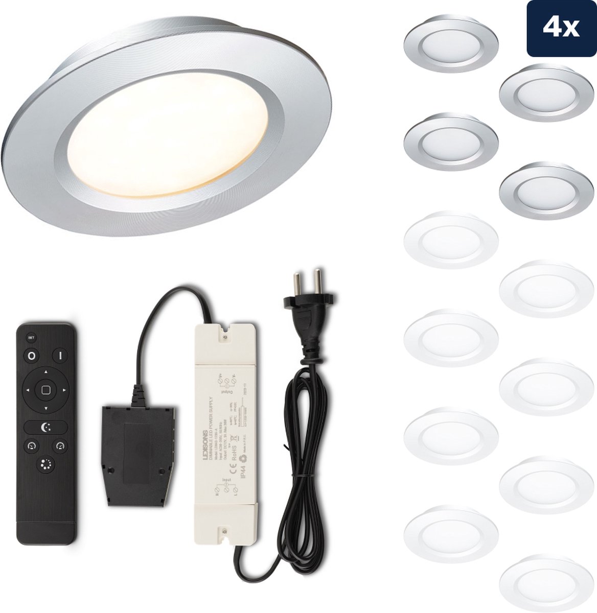 Ledisons LED Inbouwspot Modena 3W Spot Set van 4 stuks met afstandsbediening Dimbaar Spotje Extra Warm Wit IP44 Geschikt als Badkamer Lamp Plafondlamp Zilver Ø68 mm