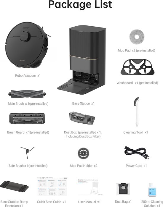 Paklijst met zwarte robotstofzuiger, basisstation en diverse accessoires.