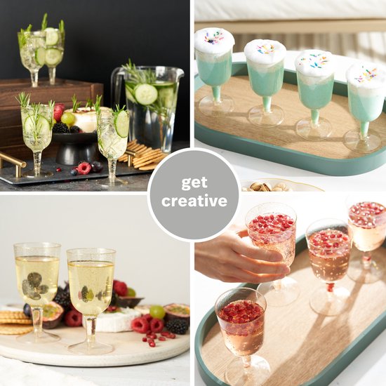Collage van feestelijke drankjes, waaronder cocktails en champagne, in glazen met zilveren rand.