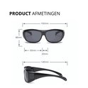 Afmetingen van een zwarte overzetzonnebril: 150mm breed, 46mm hoog, 65mm lensbreedte, 20mm neusbrug.