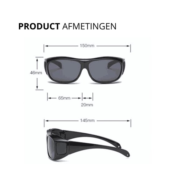 Afmetingen van een zwarte overzetzonnebril: 150mm breed, 46mm hoog, 65mm lensbreedte, 20mm neusbrug.