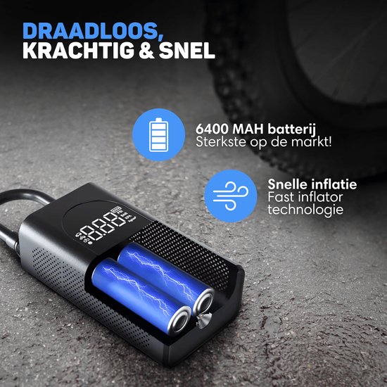 Vulpes Goods® Tech - Draagbare Compressor Bandenpomp - 6400mAh - Elektrische Fietspomp - Luchtcompressor voor Auto, Scooter, Fiets, Bal en Luchtbed - Incl. 7 opzetstukken - Zaklamp - Powerbank - Reiskoffer - PRO — afbeelding 2