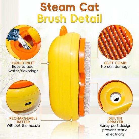 Cat Steamy Brush, stoomborstel voor katten, spray stoom kattenhaarborstel, kattenborstel om