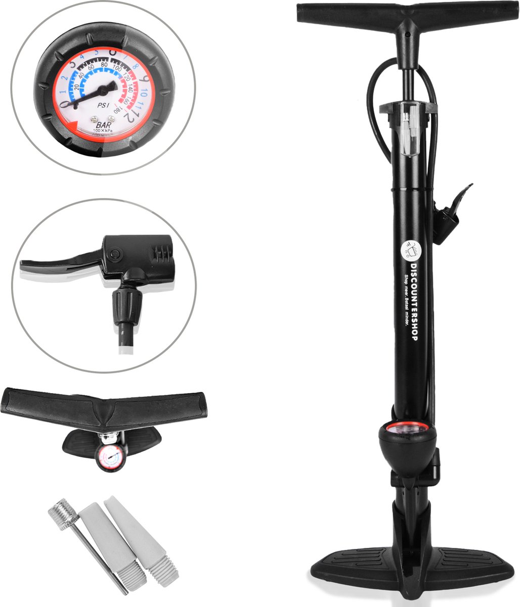 Fietspomp met drukmeter 12 bar extra Ventielen - Inclusief Adapters vloerpomp - analoge Drukmeter met dubbele ventielkop