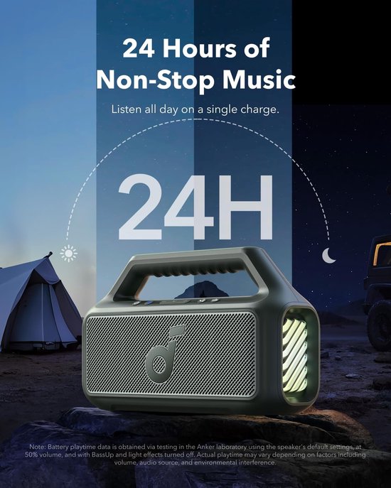 Zwarte Soundcore Boom 2 draagbare speaker met 24 uur afspeeltijd, omringd door een kampeer- en outdoor-setting.