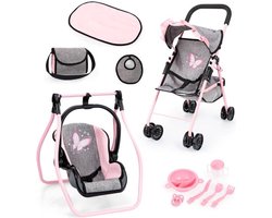 Bayer Design Opvouwbare poppenbuggy, poppenwagen, dubbele wielen, tas, aankleedkussen, wieg, accessoires in jeans-grijs, roze