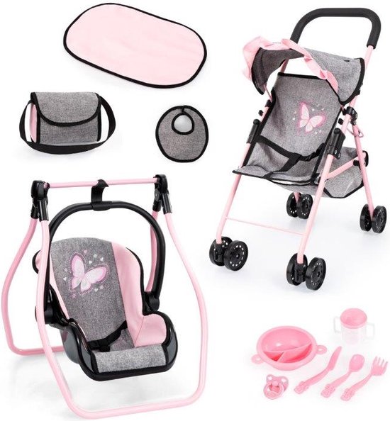 Poppenset met roze frame: buggy, schommelwieg, tas, aankleedkussen en accessoires.