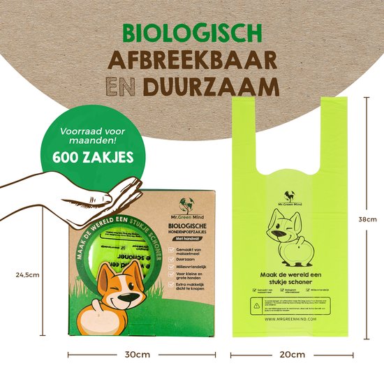 M. Sacs à déjections canines Green Mind avec poignées 600 pièces sacs à crottes pour chiens étanches biodégradables - Chien