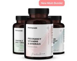 MomPwdr Zwangerschap Vitamine en mineralen na de bevalling - 3 in 1 complete set - New Mom bundelset - Voor fysieke en mentale herstel na de bevalling - Mama multivitaminen - Vegan - Omega 3 - Calcium Magnesium - Voedingssupplementen - 180 capsules