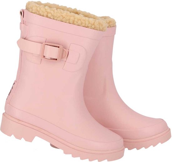 Roze regenlaarzen met teddy voering, gesp en merklogo.
