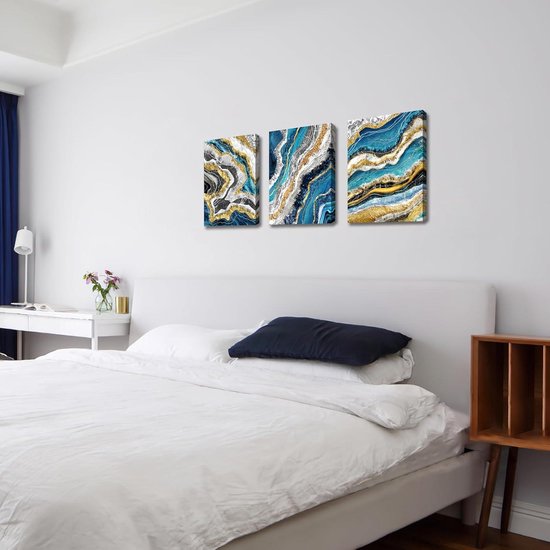 FajerminArt 3 stuks Donkerblauw Modern Woonkamer Schilderij Ingelijst Abstract Blauw Wit Canvas Muurkunst Canvas Kunstwerk Wanddecoratie voor Slaapkamer Badkamer Klaar om op te hangen 40x60cmx3