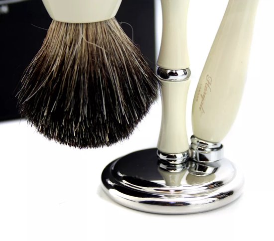 Scheerset voor mannen met DE Safety Razor, scheerkwast en scheerstandaard in gebroken witte kleur, scheerset voor herenverzorging