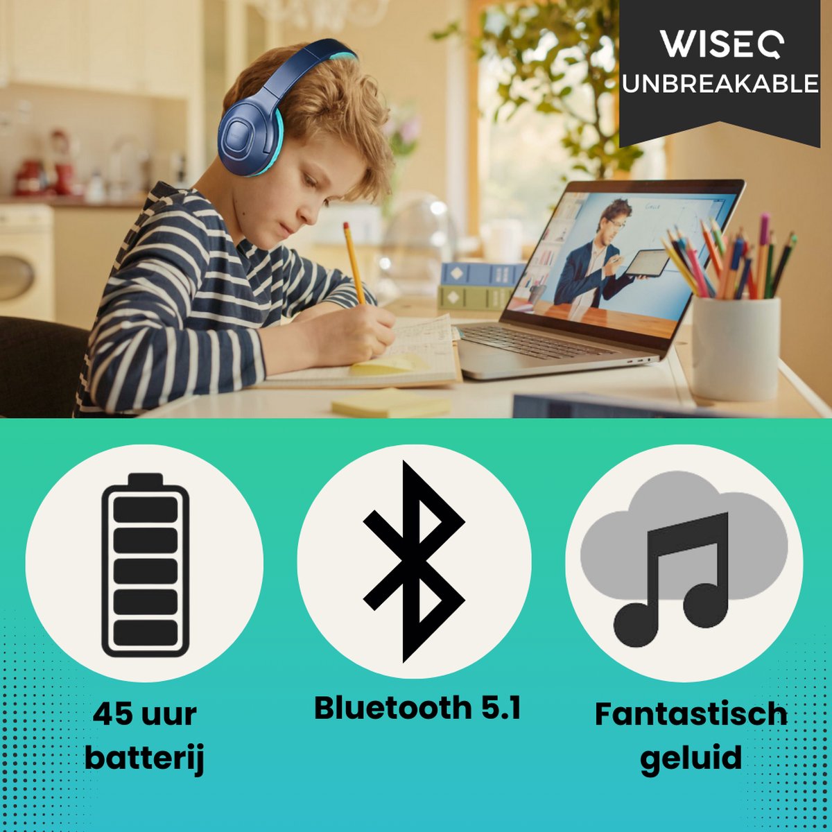 Afbeelding 2 van Draadloze Koptelefoon Voor Kinderen - ONBREEKBAAR - 45 uur muziek – Over Ear – Bluetooth 5.0 - Hoofdtelefoon Kids - Blauw