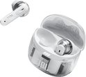 Een wit JBL Tune Flex 2 oordopje naast het open transparante oplaaddoosje met een oordopje erin.