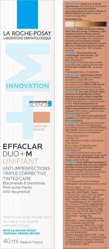 La Roche-Posay Effaclar DUO +M Unifiant Medium Dagcrème - Egaliserende Crème - voor Vette, Onzuivere Huid met Neiging tot Acne -Medium Tint - 40ml