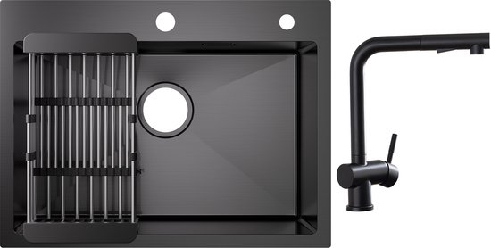 Aanrecht 1 Kom 70×45cm Afdruiprek Wastafel Zeepdispenser Zwarte RVS Keukenmixer