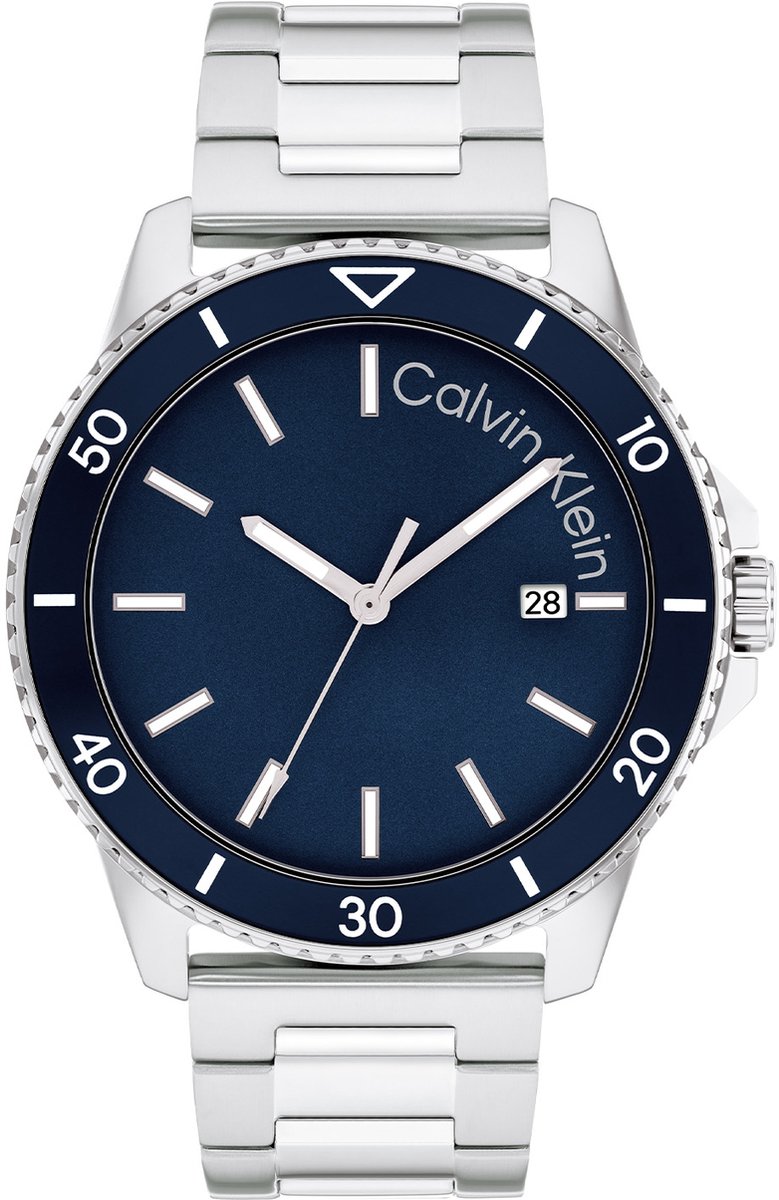 Calvin Klein CK25200385 Aqueous Heren Horloge - Mineraalglas - Staal - Zilverkleurig - 44 mm breed - Quartz - Vouw-Vlindersluiting - 3 ATM (spatwater)