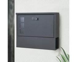 Letterbox with Combination Lock - Black Stainless Steel Newspaper Compartment - Modern Mailbox with Viewing Window Lockable