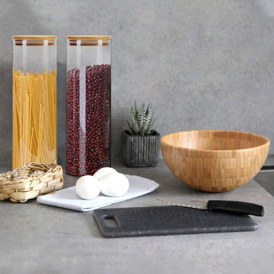 Lot de 3 bocaux de conservation avec Ring en silicone et couvercles en Bamboo 1500 ml x 2/2100 ml – Récipients de Kitchen en verre Air pour céréales – Jam , pâtes, spagti, grains de Coffee , cookies, collations, pot de farine