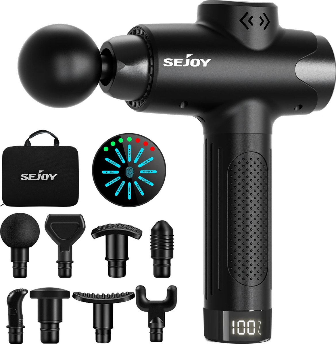 Afbeelding 2 van Seastone - Draagbare Massage Gun - Sejoy - 12 snelheden - Superstil - Lichtgewicht lichaamsmassage met LED-touchscreen - 8 vervangbare massagekoppen - Inclusief opbergtas & USB