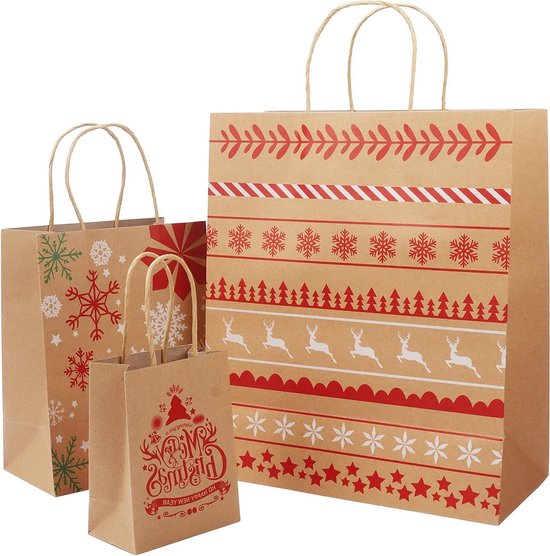 COM-FOUR Kerstcadeauzakjes – 6 Stuks, 23 Cm, Met Kerstmotieven En Naamkaartje