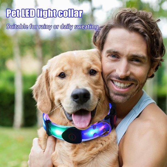 Un homme câline un golden retriever portant un collier LED lumineux multicolore.