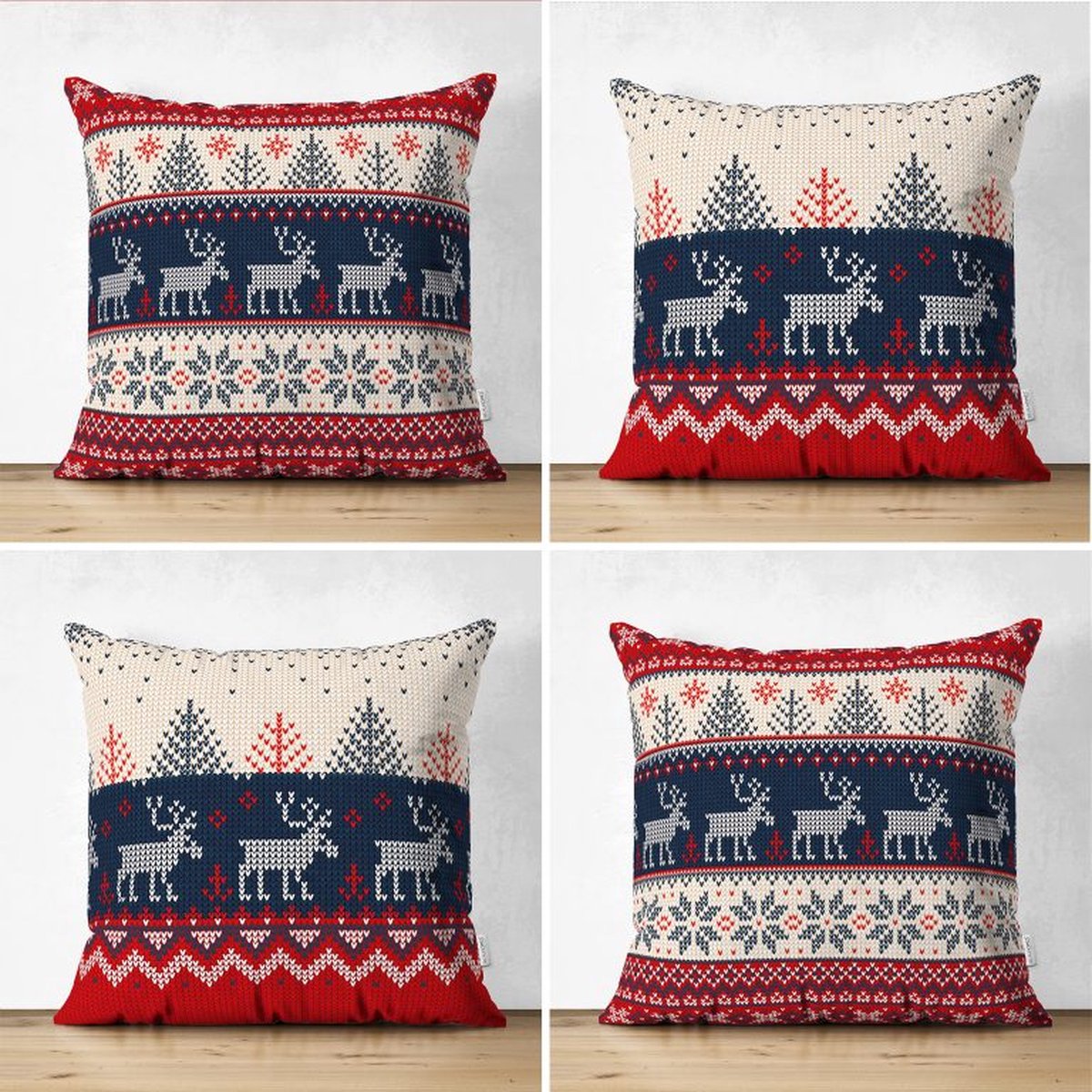 De Groen Home Velvet Kussenhoes set van 4 stuks - 50x50 -Kerst rendieren - Kussensloop - Kerstdecoratie Rood