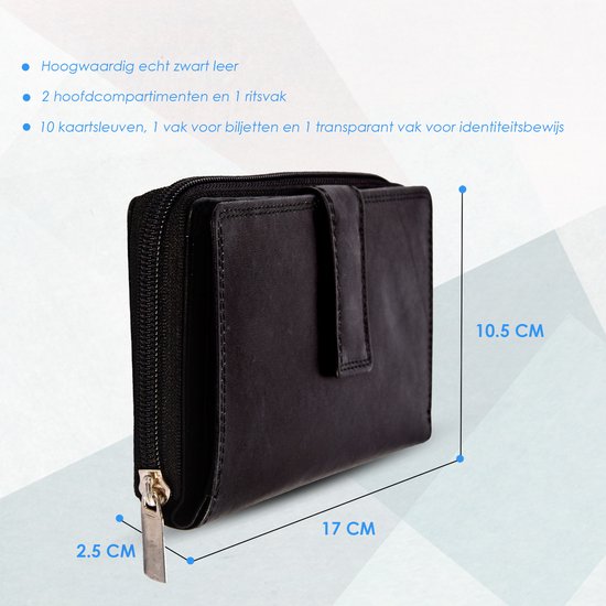 Zwarte leren portemonnee, 17 x 10,5 x 2,5 cm, met rits, klepje en 10 kaartvakken.