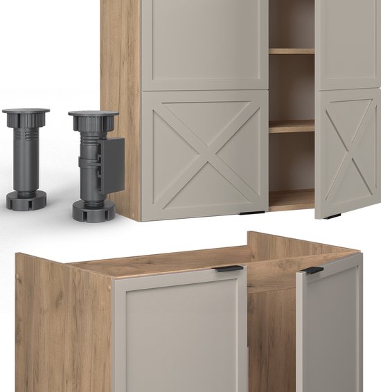 Vicco Fame- Line Meuble de cuisine complet – 240 cm, WB Chêne Grijs/ beige / chêne doré, WB Chêne